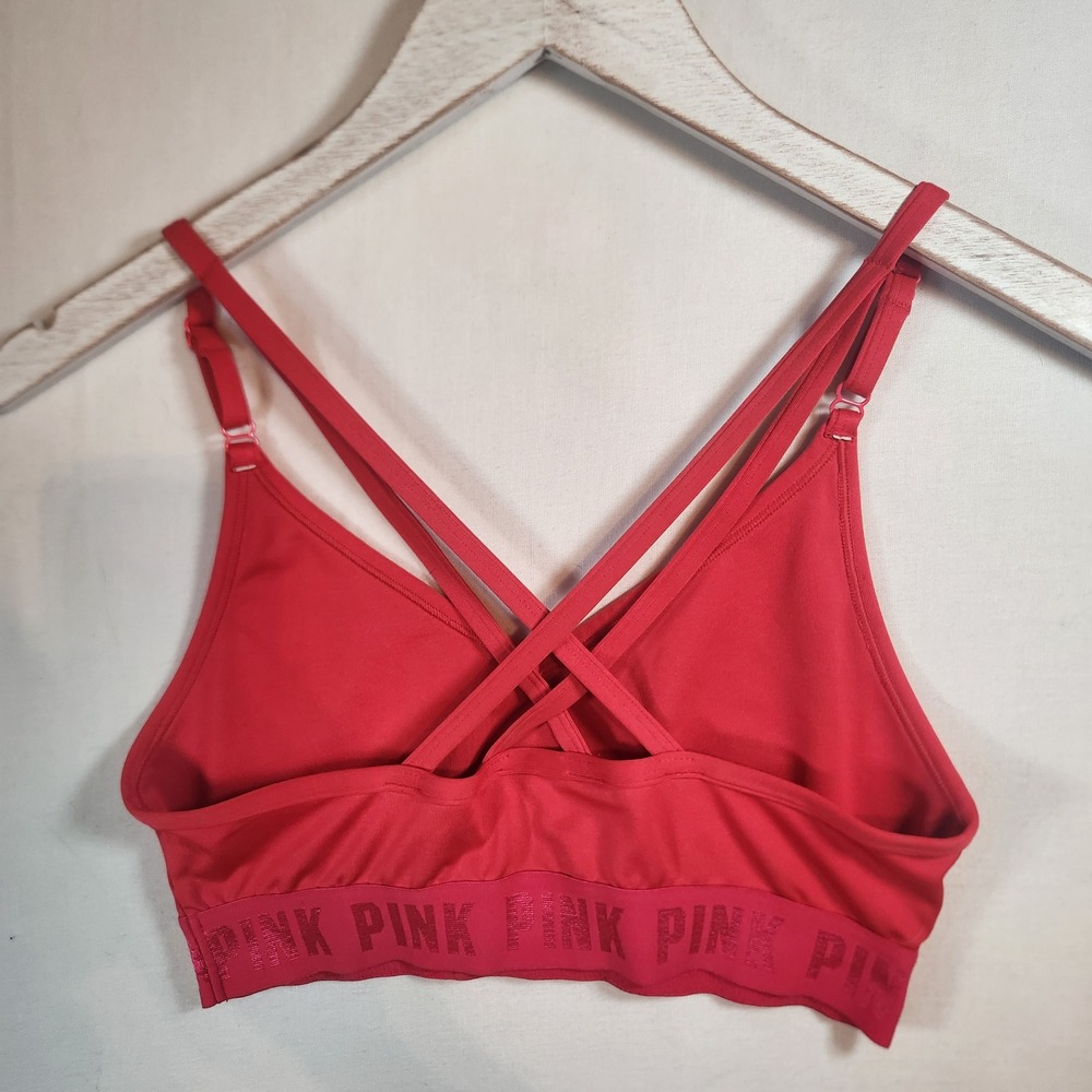 Victoria's Secret PINK Red Strappy Cross Back Sports‎ Bra V-Neck Logo Band - Picture 2 of 4